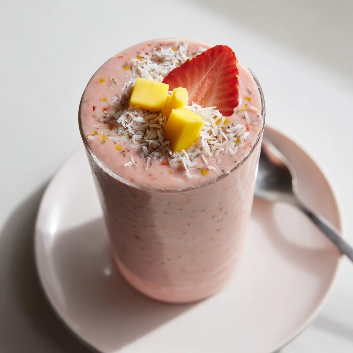 Chilled Strawberry Mango Coconut Smoothie garnished with shredded coconut and sliced mango