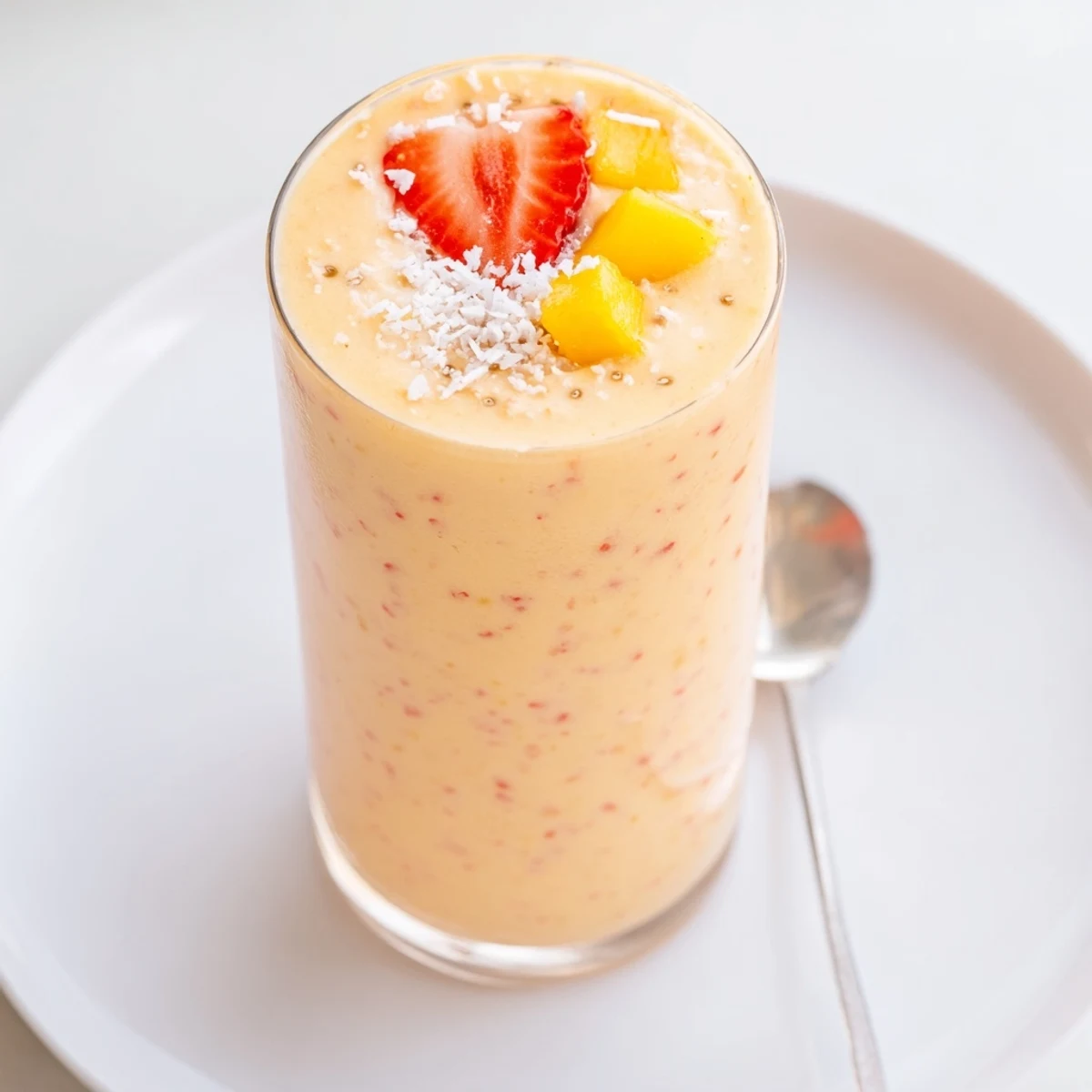 Creamy, breakfast-ready Strawberry Mango Coconut Smoothie poured into mason jar with straw