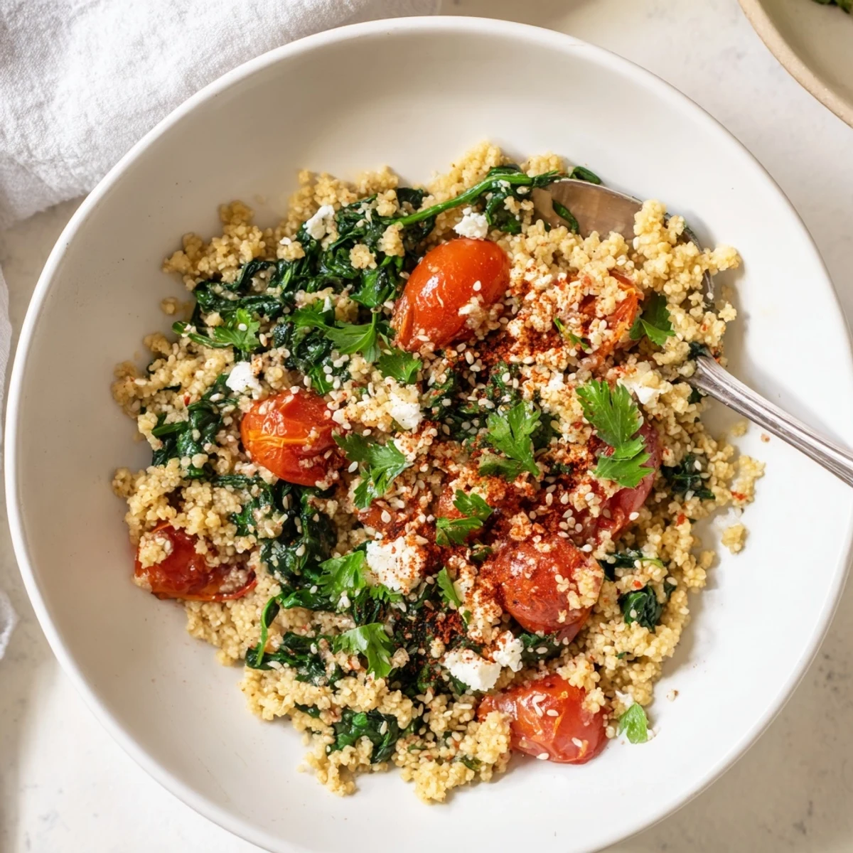 Savory Tomato and Spinach Millet Breakfast Bowl steaming, fluffy millet, bright cherry tomatoes