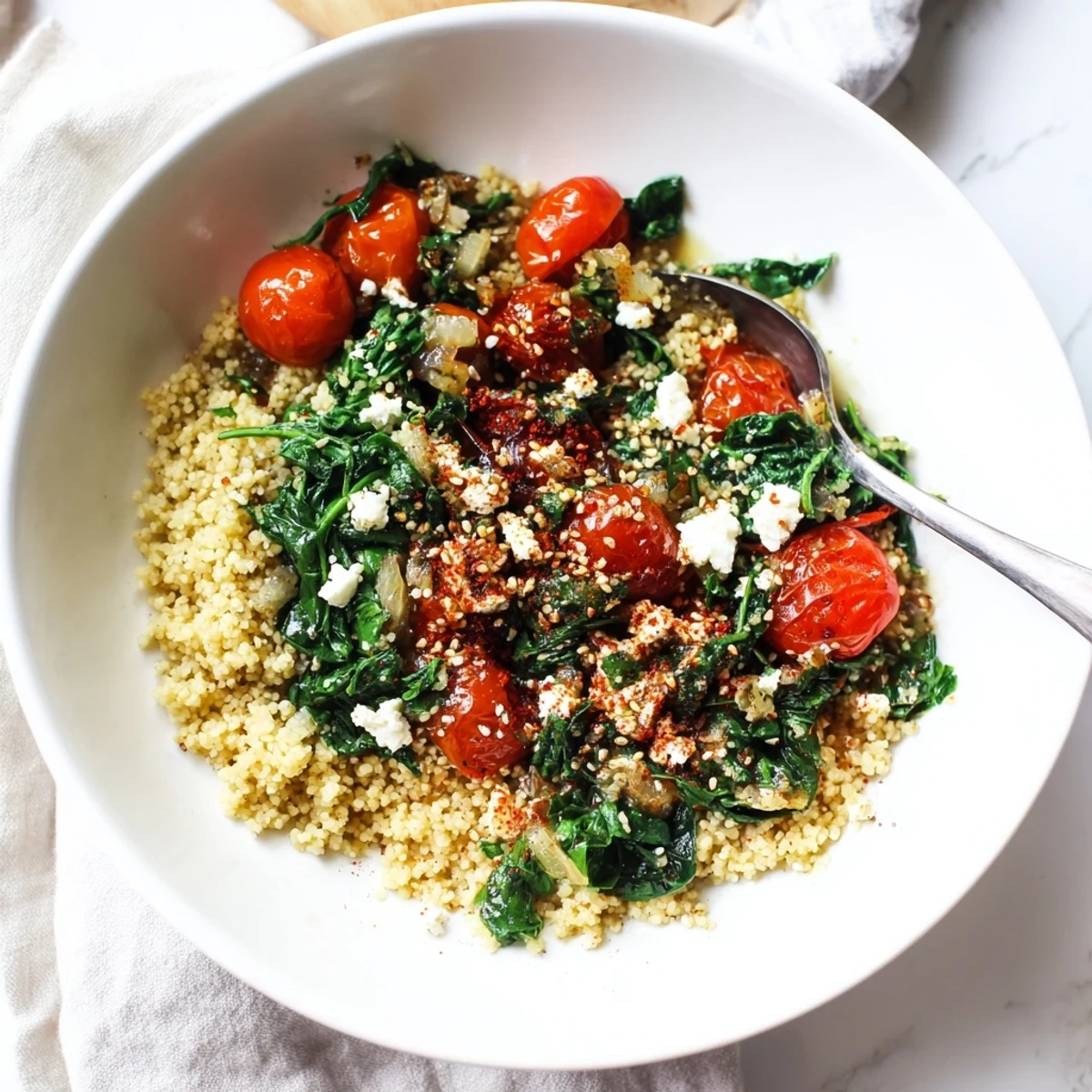Toasted sesame and fresh parsley garnish this Savory Tomato and Spinach Millet Breakfast Bowl