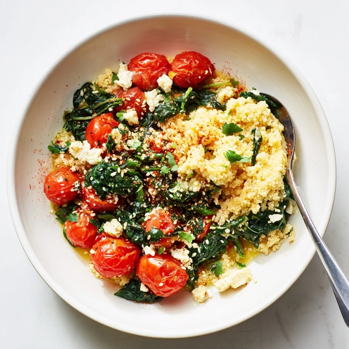 Warm, hearty Savory Tomato and Spinach Millet Breakfast Bowl topped with crumbled feta