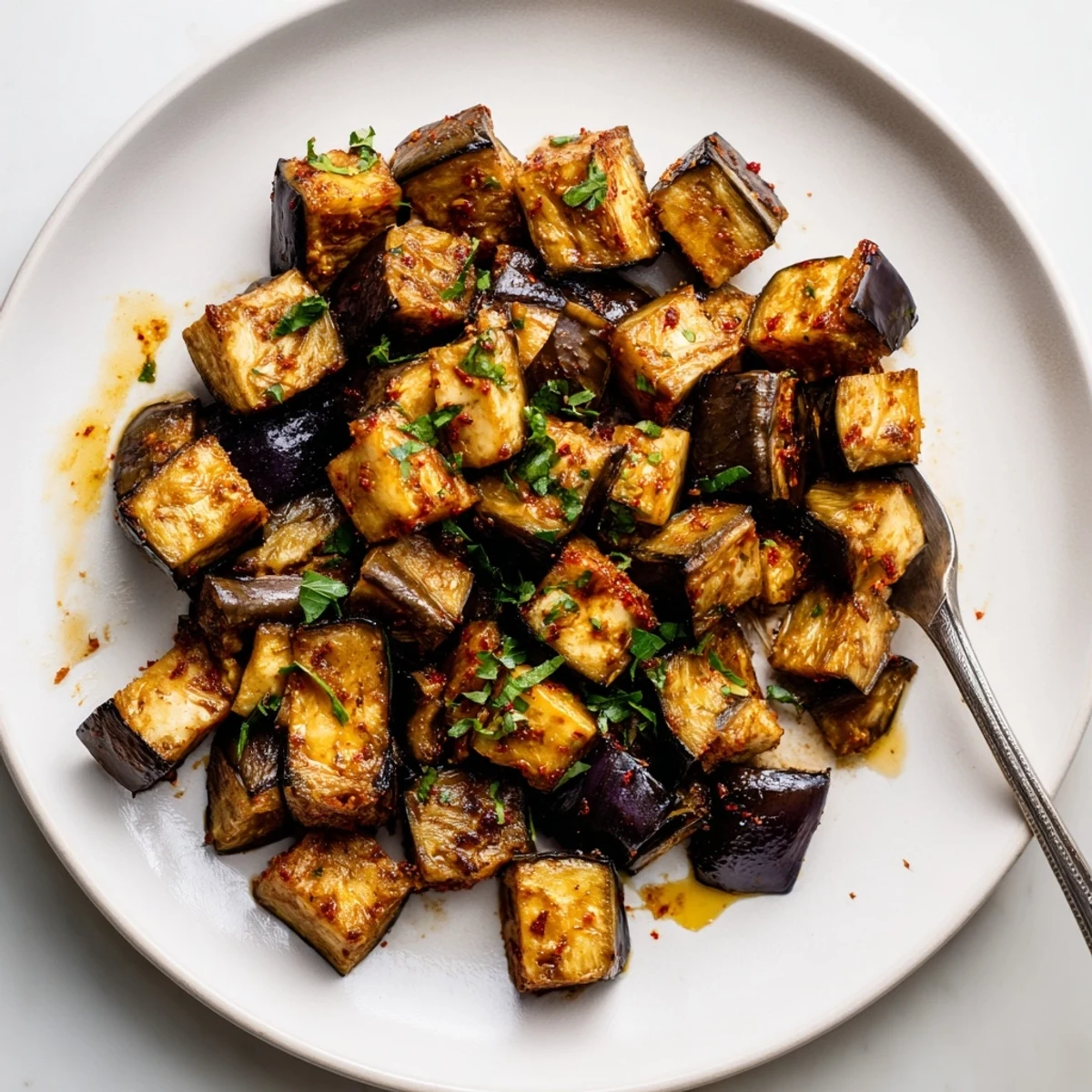 Tender inside and smoky aroma, Smoky Roasted Eggplant Cubes finished with parsley.