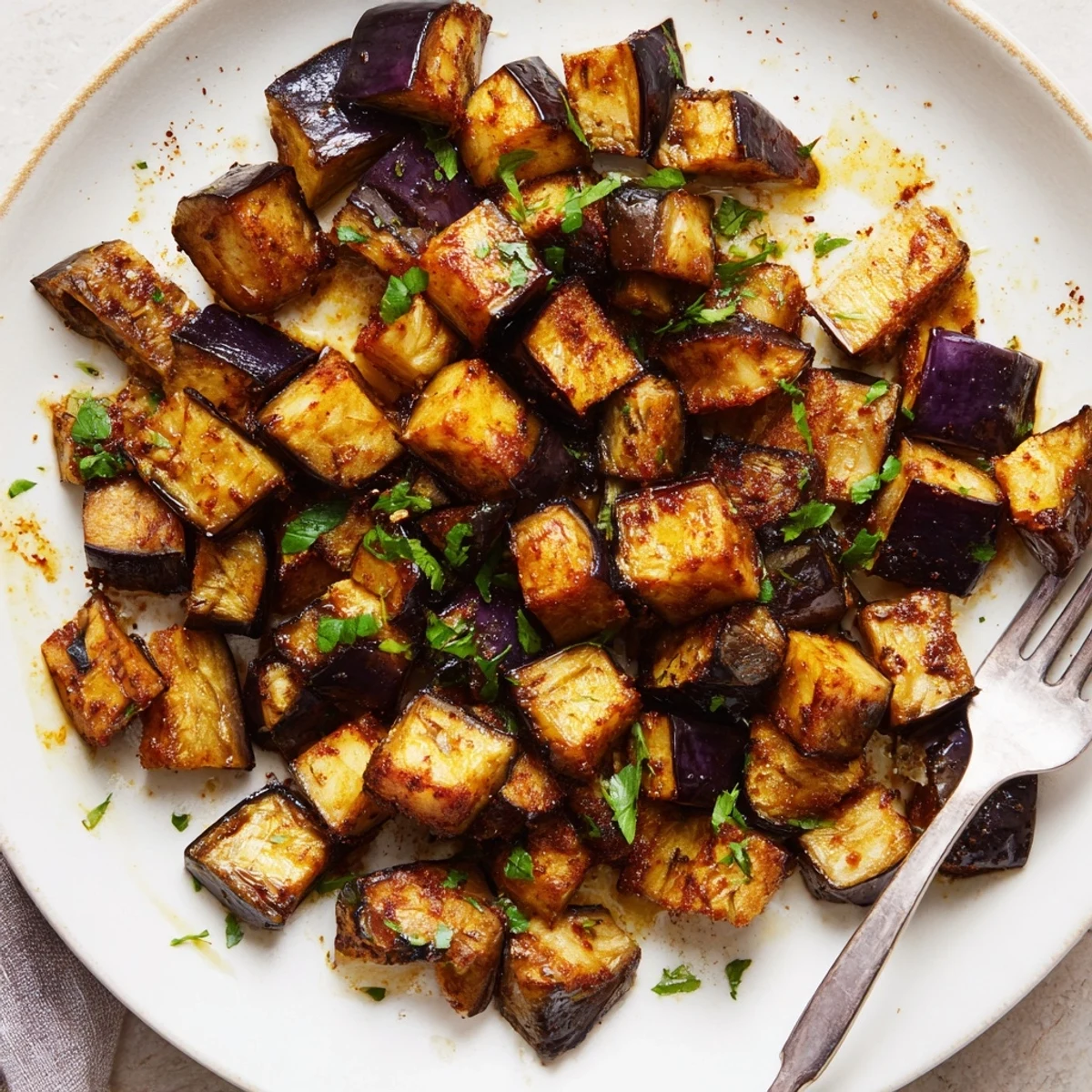 Crispy, golden brown cubes served warm over grain bowls: Smoky Roasted Eggplant Cubes.