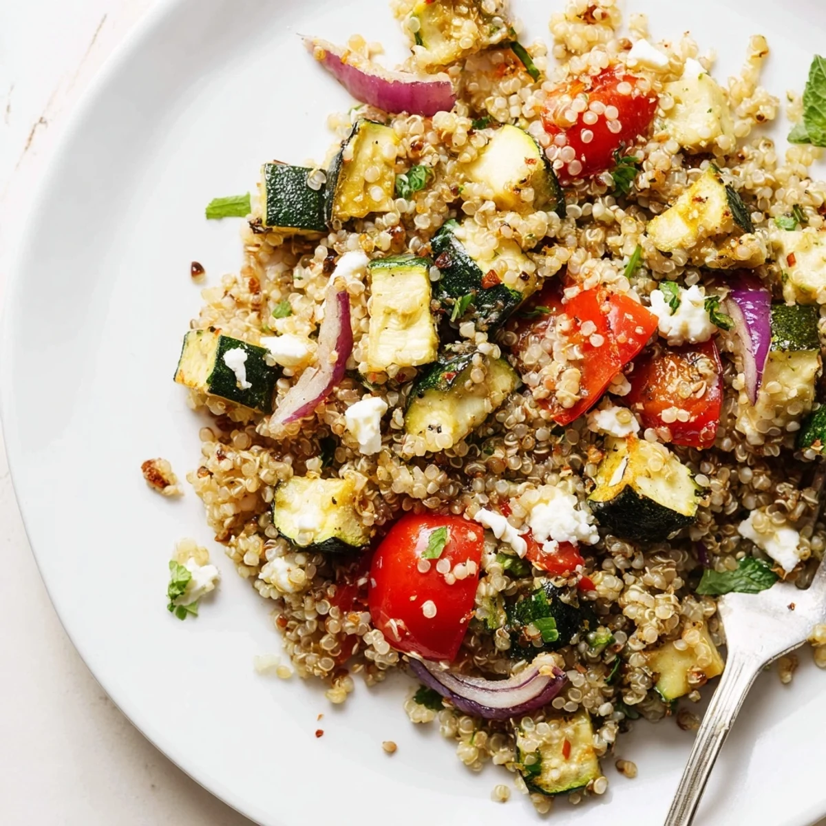 Bowl of Warm Quinoa and Roasted Zucchini Salad with crumbled feta