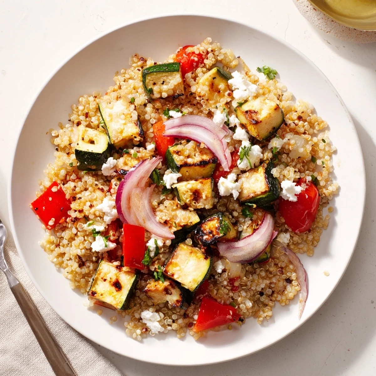 Warm Quinoa and Roasted Zucchini Salad steaming in bowl, lemony herb aroma