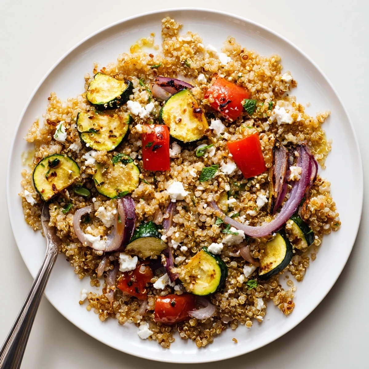 Herb-studded Warm Quinoa and Roasted Zucchini Salad, vibrant tomatoes and mint