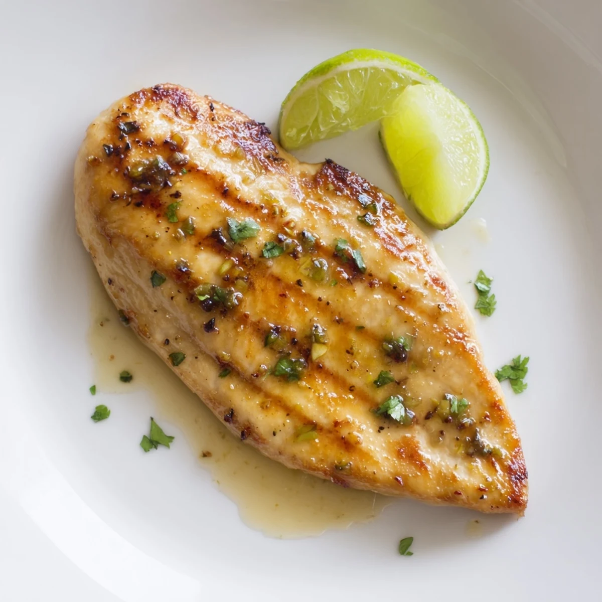 Cilantro-topped Garlic Lime Glazed Chicken Skillet plated with lime wedges