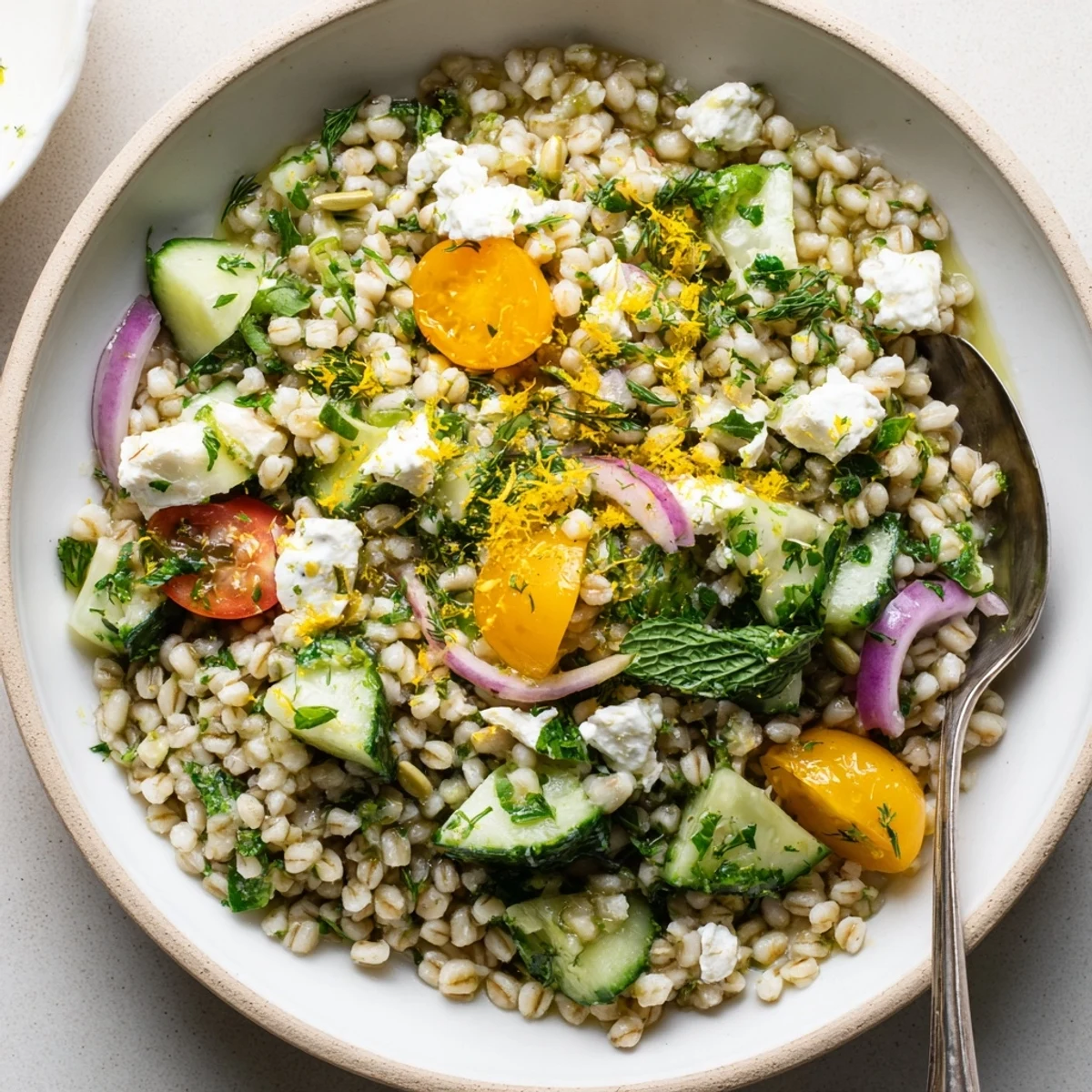 Bright Citrus Herb Barley and Cucumber Bowl, nutty barley, lemony herb aroma.