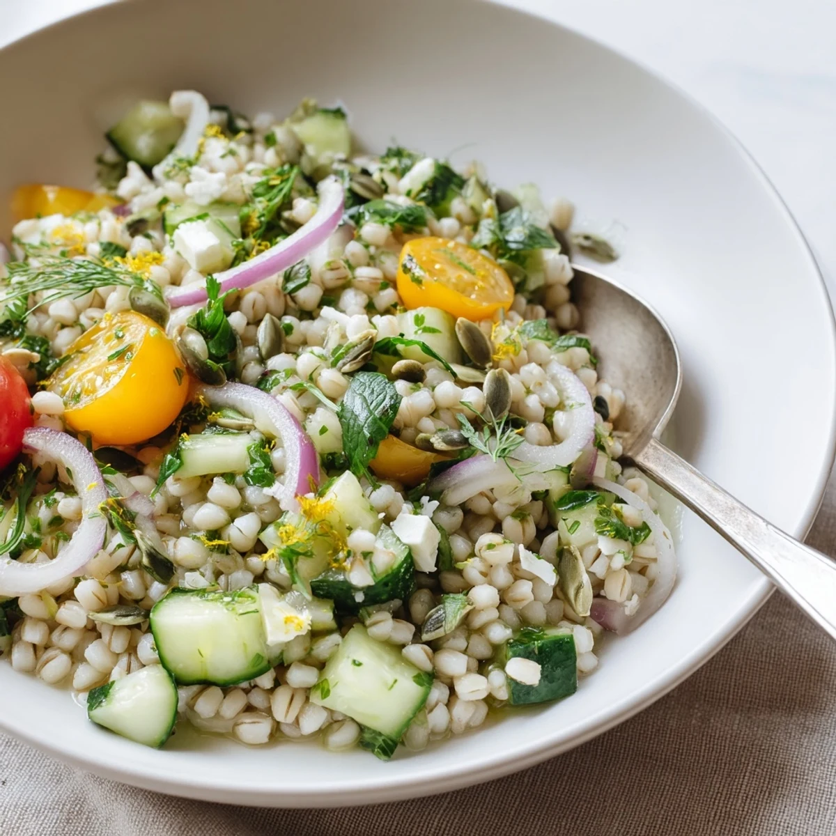 Fresh Citrus Herb Barley and Cucumber Bowl served chilled, tangy citrus bite.