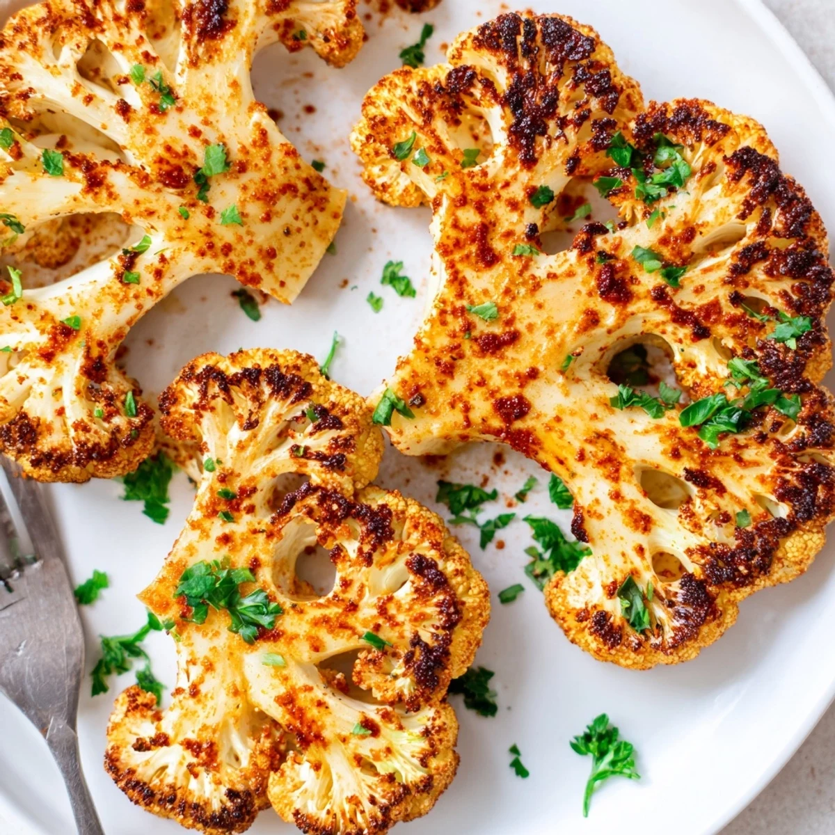Golden brown smoky roasted cauliflower steaks with caramelized edges and fresh parsley garnish on a white plate