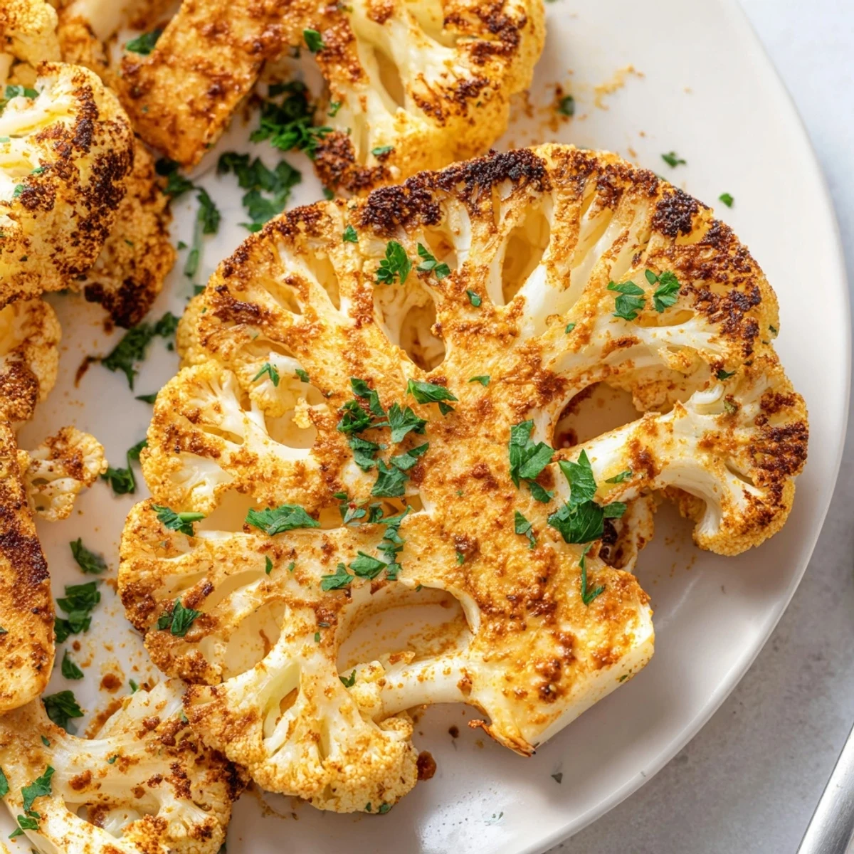 Thick cauliflower slices seasoned with smoked paprika and cumin roasted until tender and beautifully charred