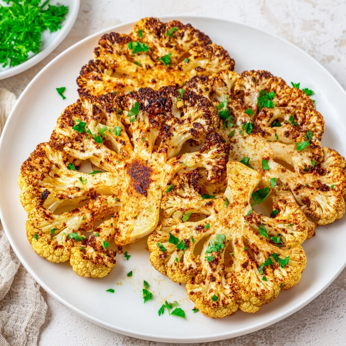 Two perfectly roasted cauliflower steaks arranged on a baking sheet with crispy golden edges and spice coating