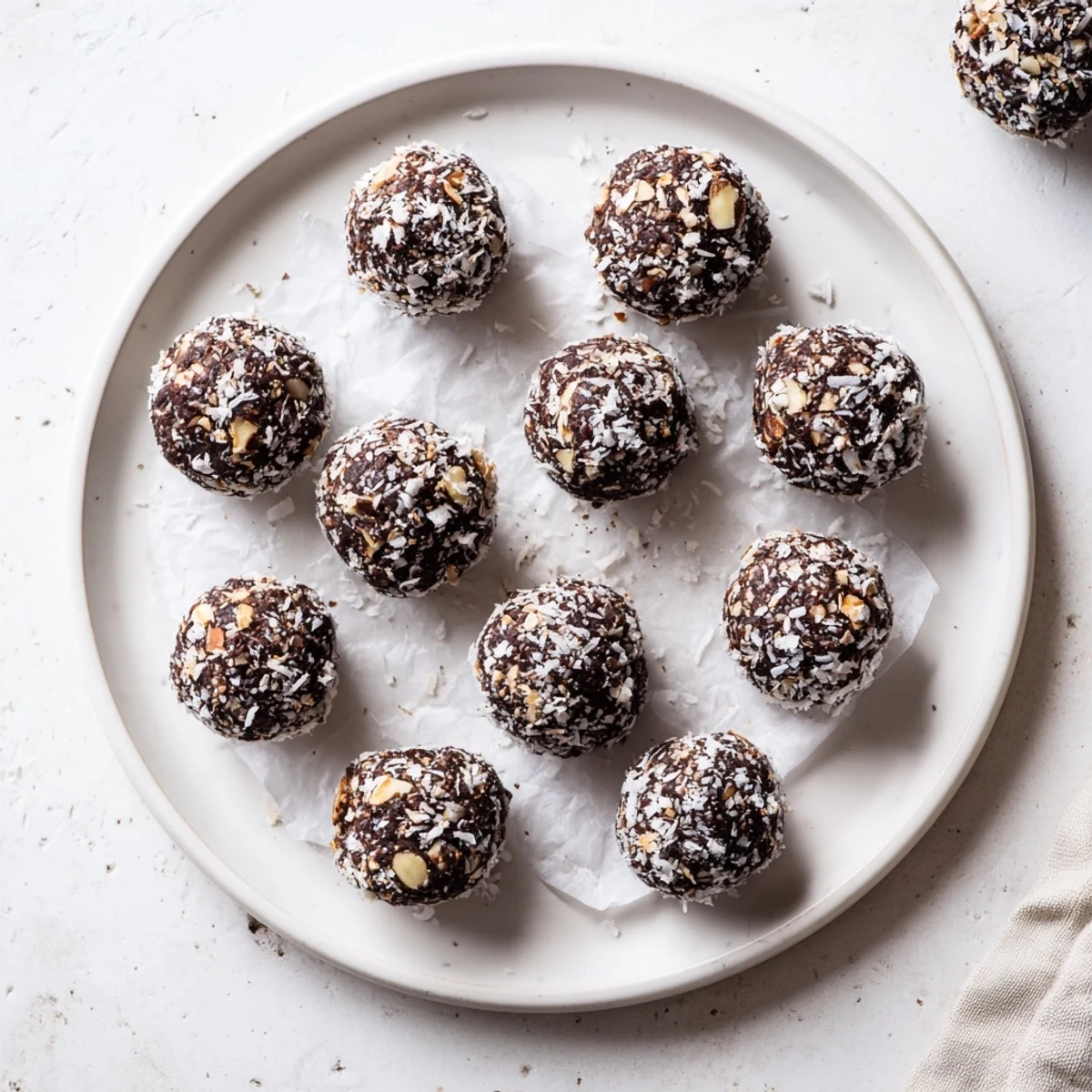 Rich cocoa almond coconut chia bliss balls rolled in coconut on a white plate