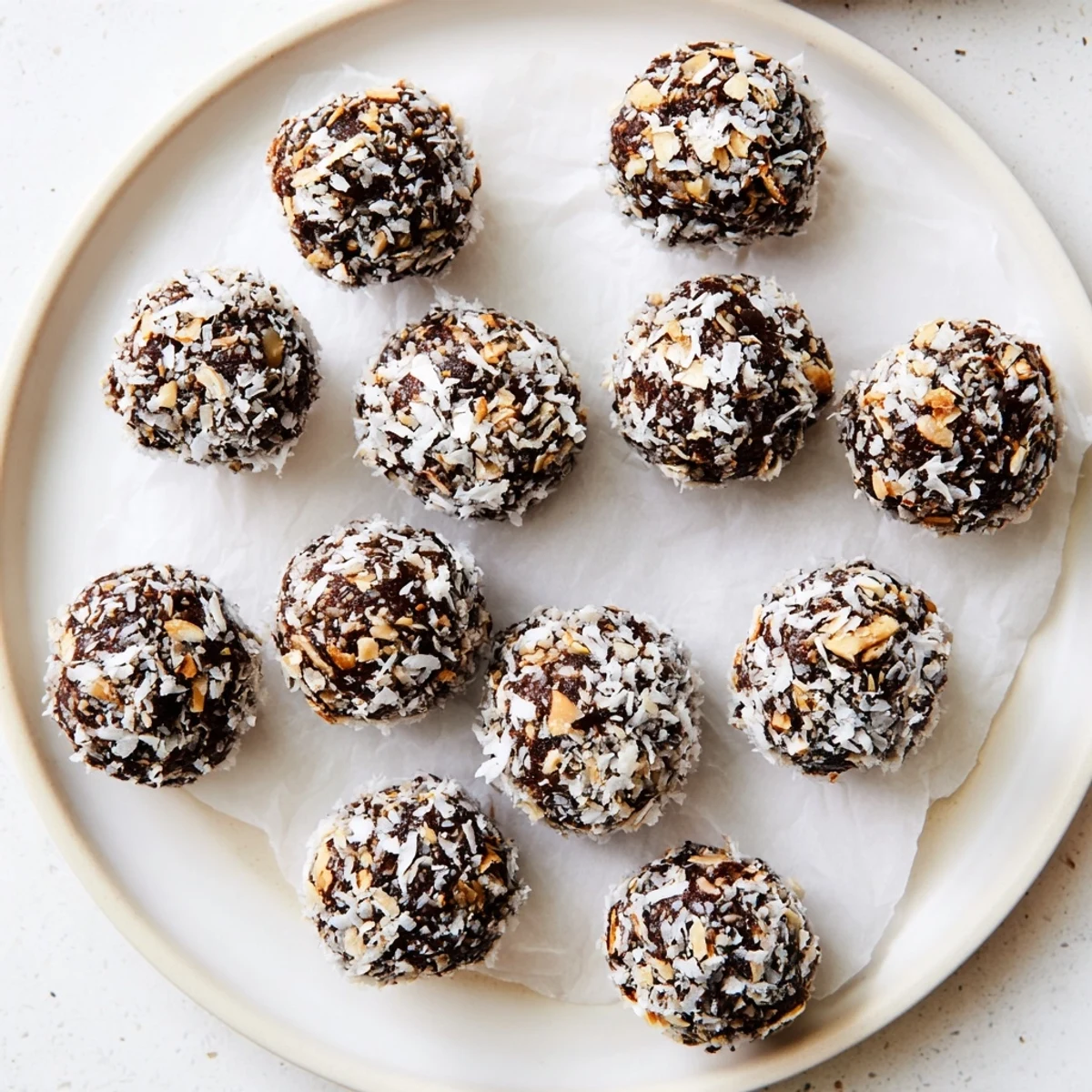 Vegan cocoa almond coconut chia bliss treats garnished with shredded coconut flakes