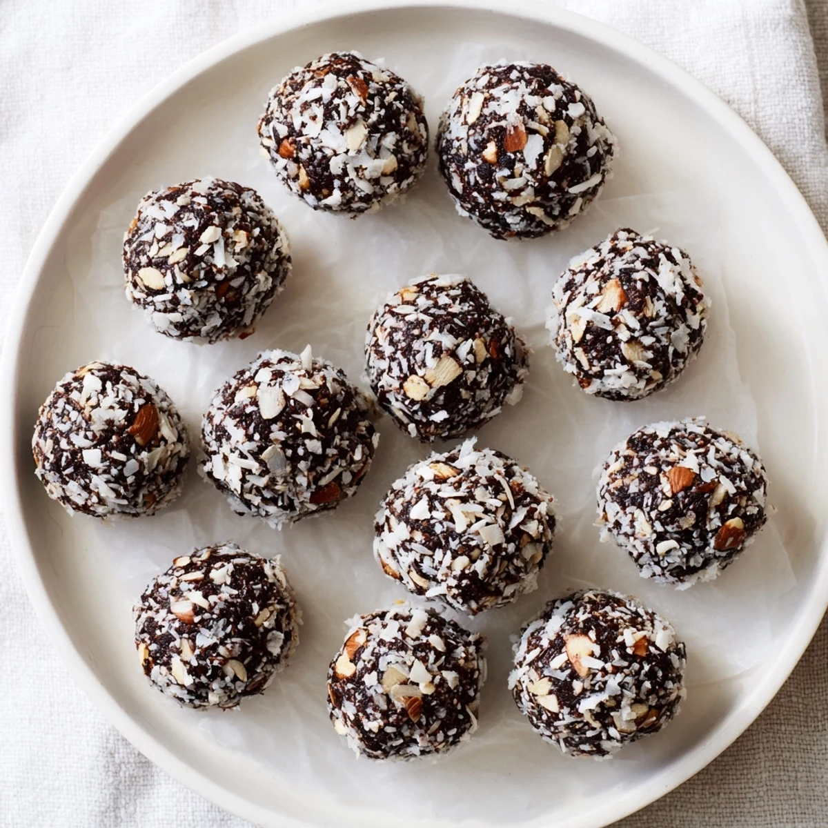 Homemade cocoa almond coconut chia bliss bites arranged on a wooden serving board