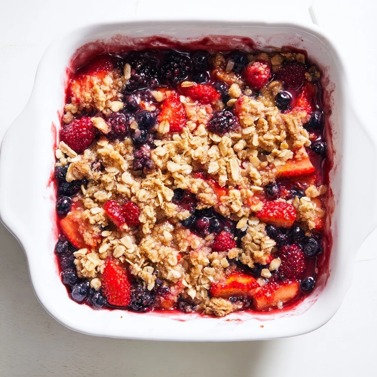 Golden vanilla berry almond crisp bubbling with juicy mixed fruit and crumbled oat topping