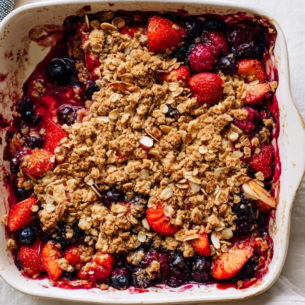 Homemade vanilla berry almond crisp featuring sweet bubbling berries beneath a buttery golden oat almond crust