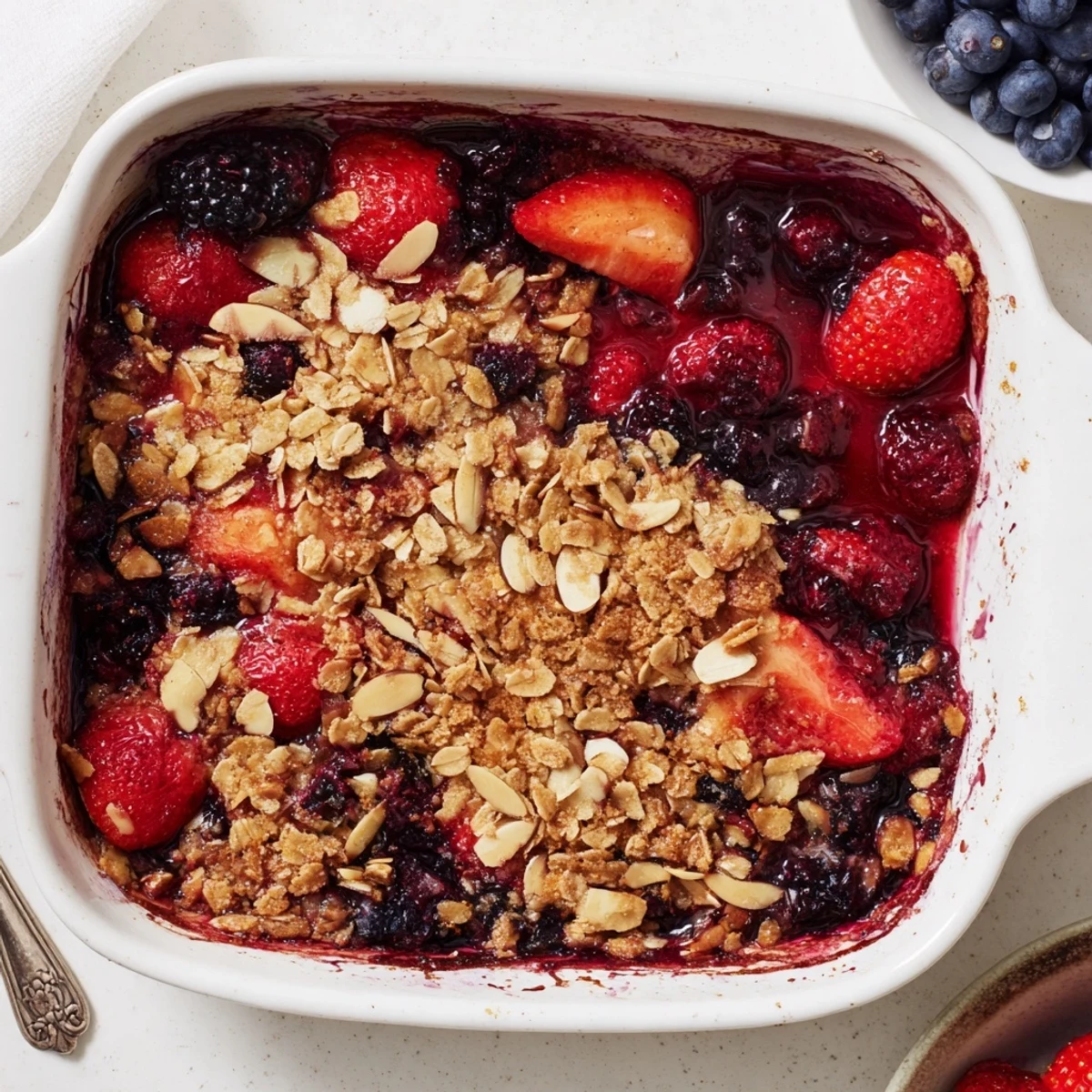 Warm baked vanilla berry almond crisp dessert served in a square dish with toasted almonds