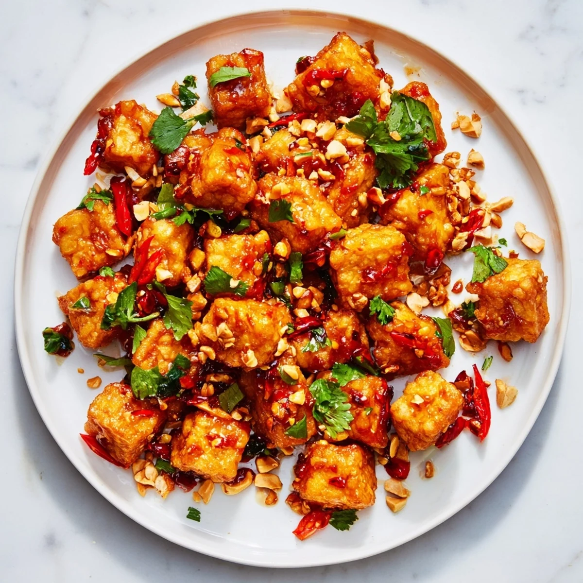 Golden crispy chili garlic tempeh cubes glazed in spicy sauce with crunchy peanut topping