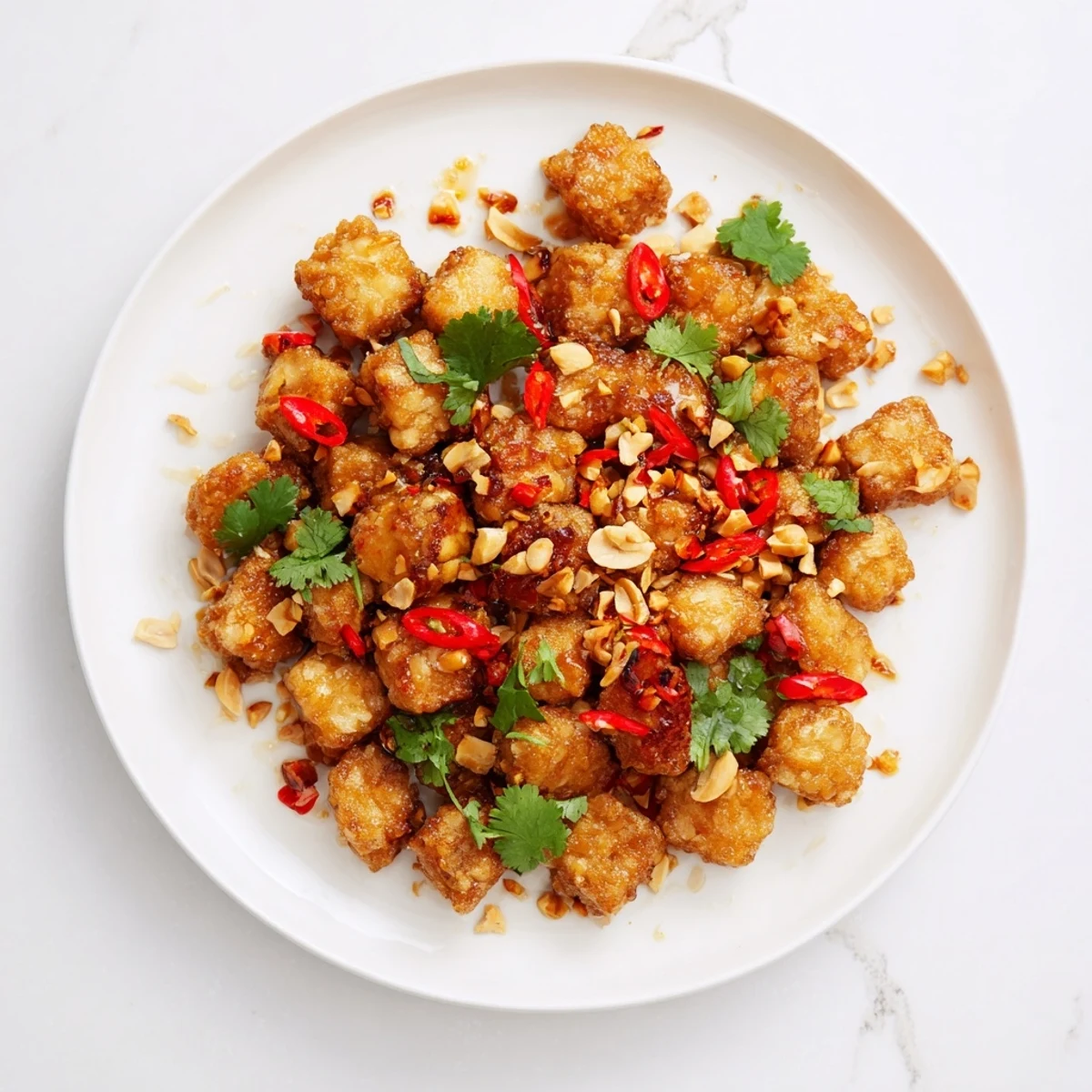 Vegan crispy chili garlic tempeh served over steamed white rice with fresh cilantro garnish