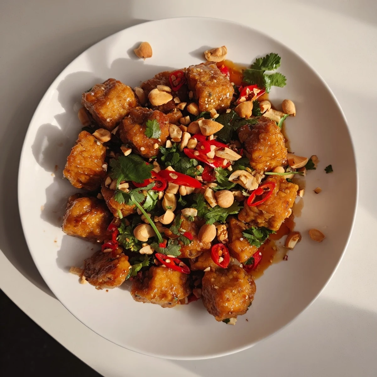 Pan-fried tempeh pieces tossed in aromatic chili garlic sauce and topped with roasted peanuts