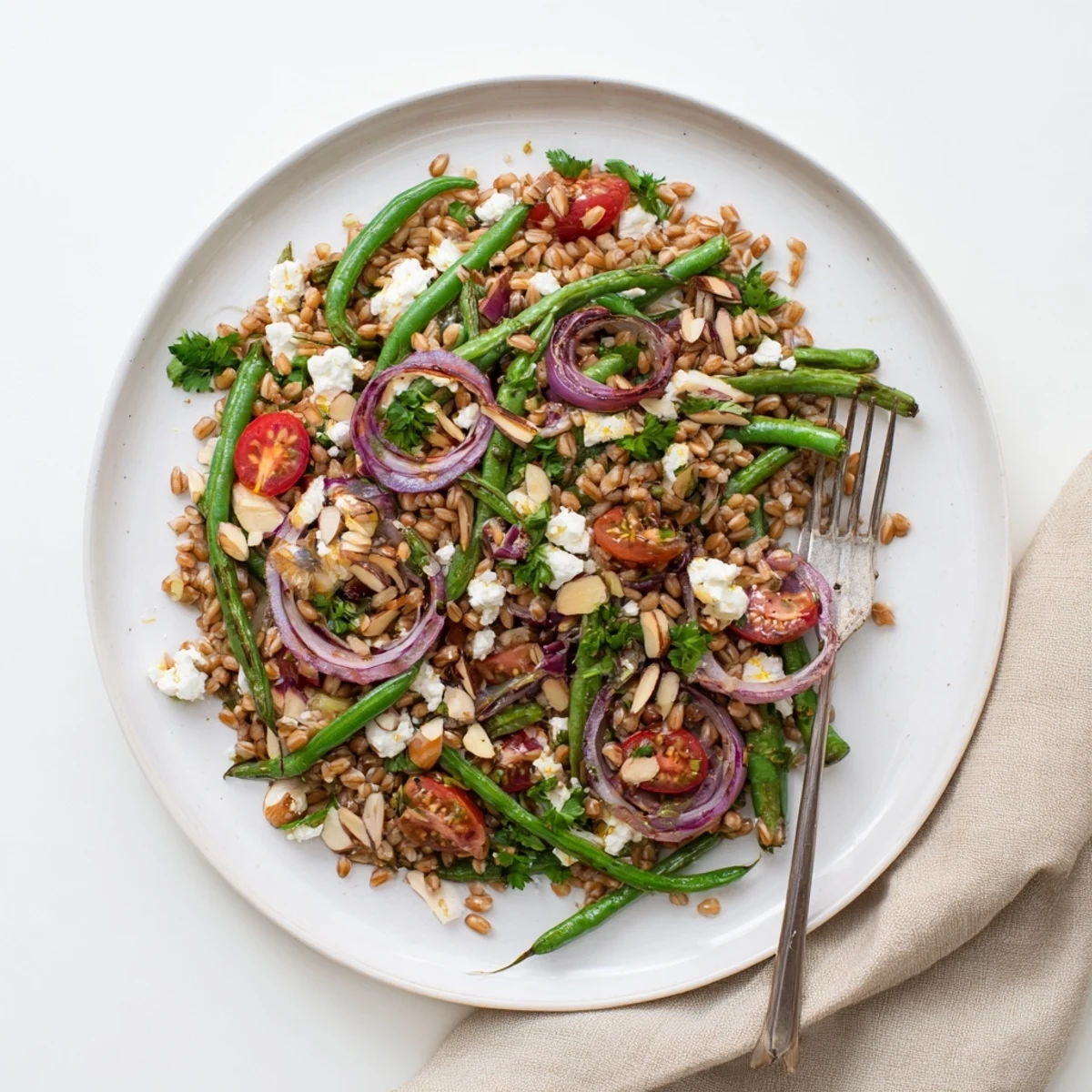 Golden bowl of warm farro salad topped with caramelized roasted green beans and crumbled feta
