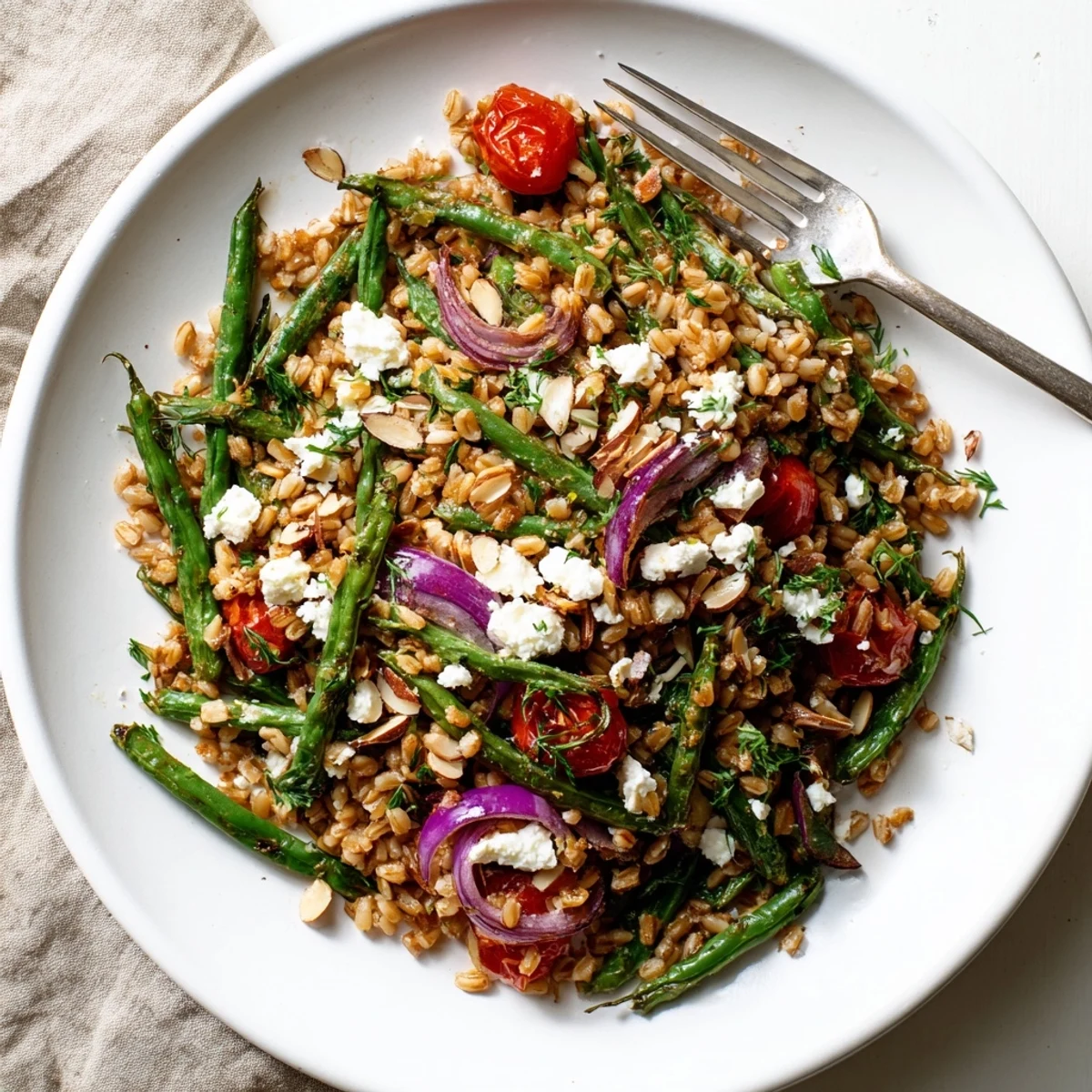 Wholesome farro and roasted green bean salad garnished with toasted almonds and fresh parsley