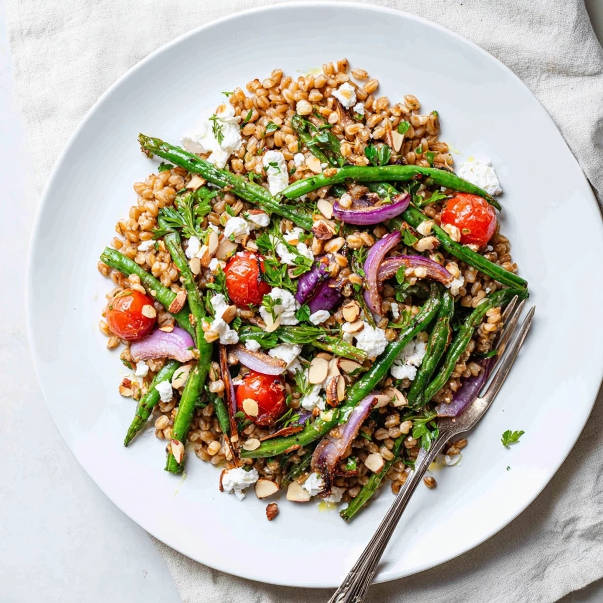 Vibrant salad plate featuring nutty farro mixed with tender green beans and tangy lemon dressing