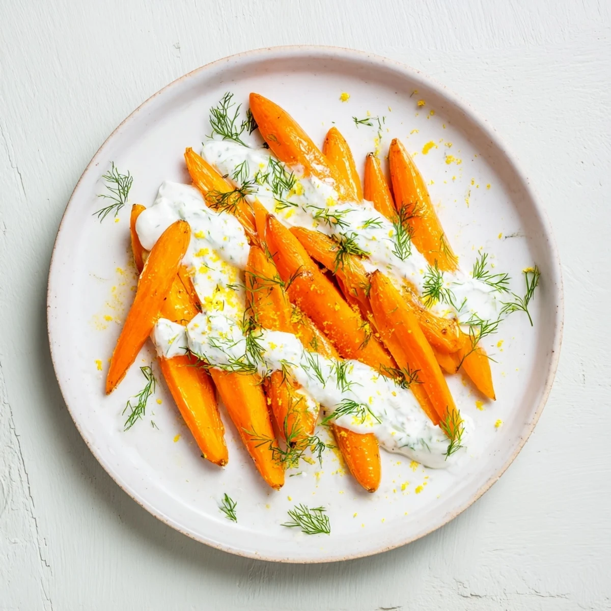Golden roasted carrots drizzled with creamy lemon dill yogurt sauce and fresh herb garnish
