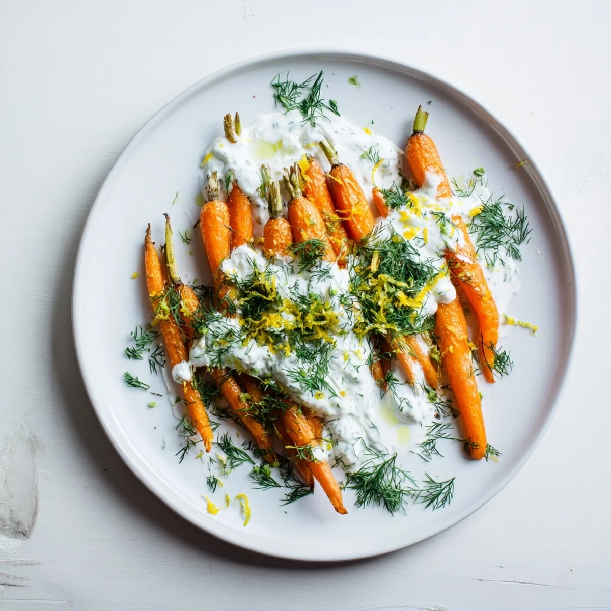 Roasted carrot halves topped with bright lemon garlic yogurt and chopped fresh dill sprinkles