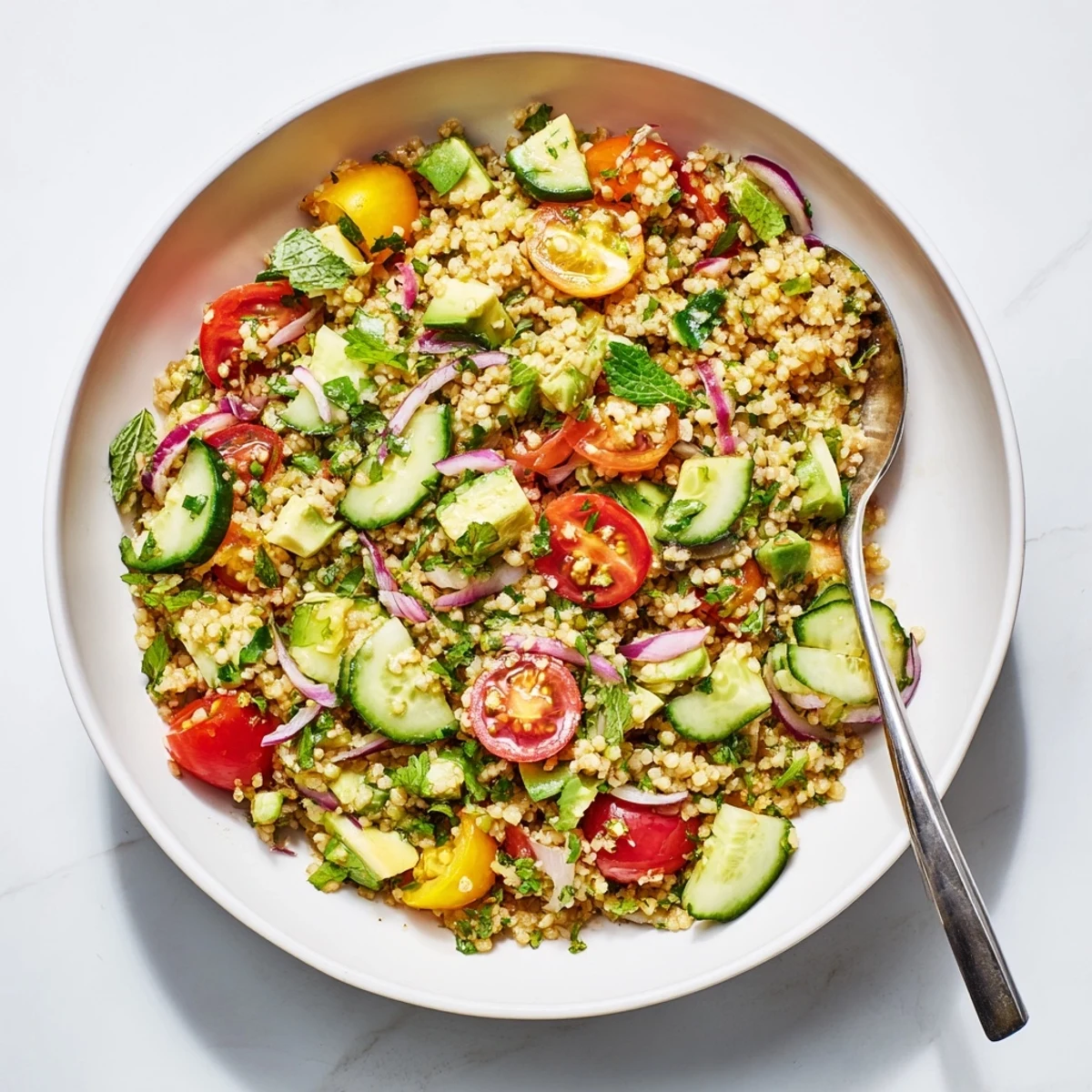Colorful citrus herb millet bowl with cherry tomatoes avocado and fresh herbs in a white serving dish