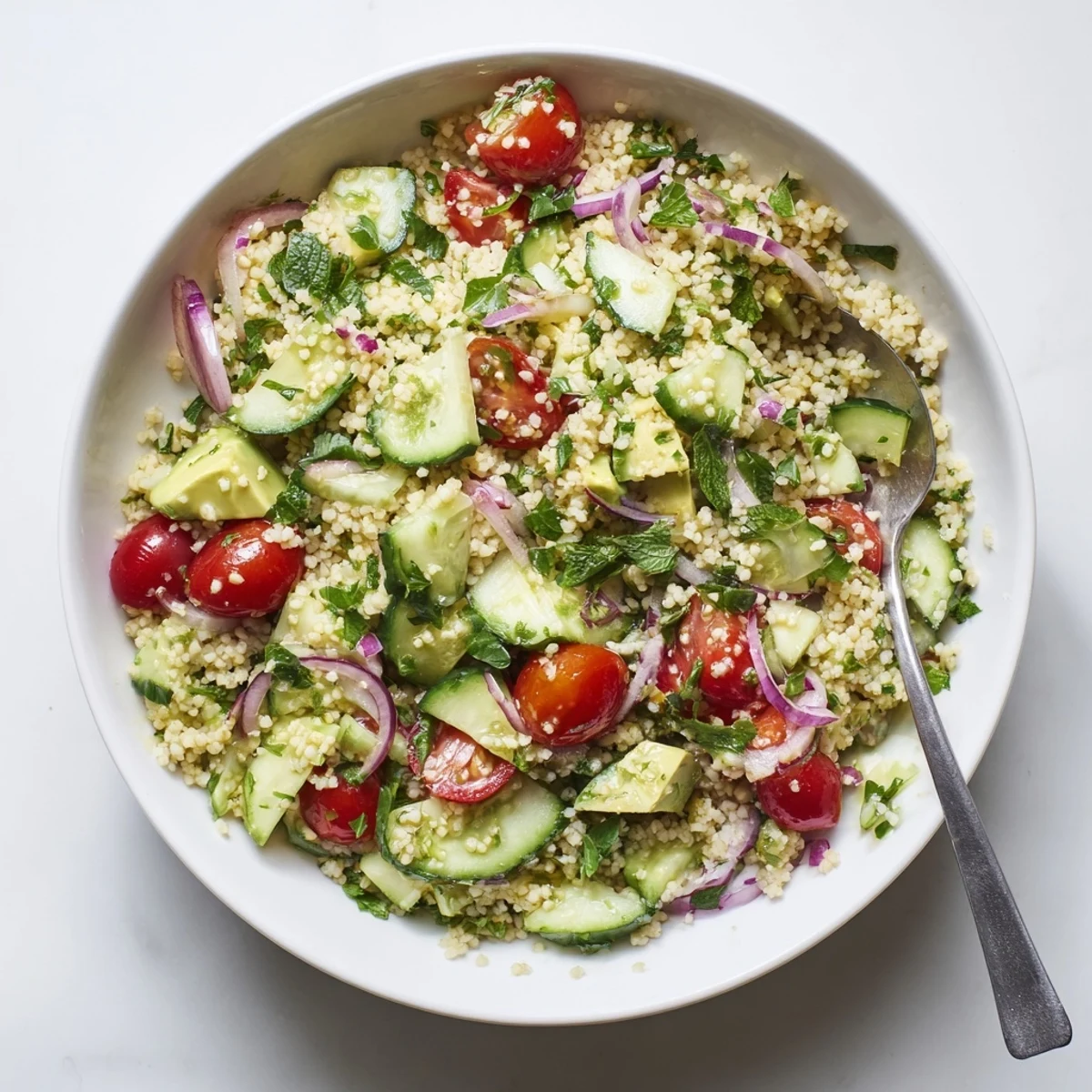 Golden fluffy millet topped with juicy tomatoes cucumber and zesty citrus dressing on a wooden table