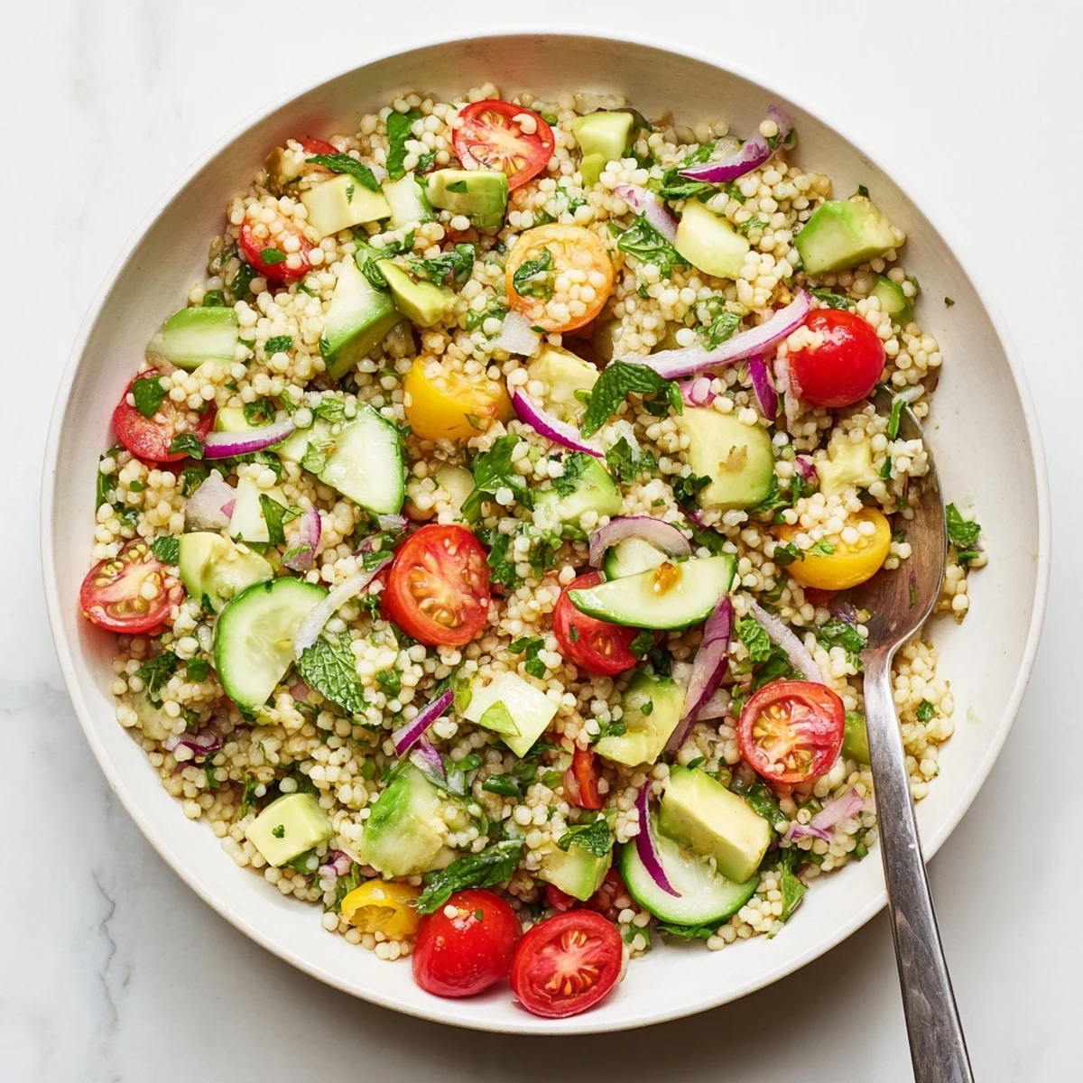 Vegan gluten-free citrus herb millet and tomato bowl featuring avocado and fresh mint parsley garnish