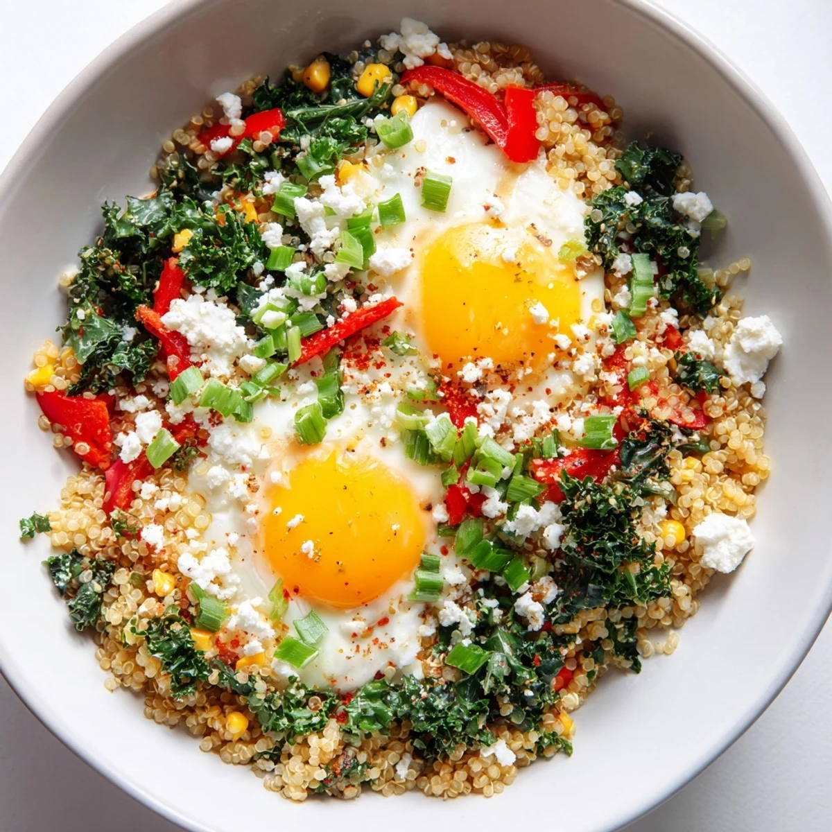 Fluffy quinoa breakfast bowl topped with sautéed kale, sweet corn, and fried egg