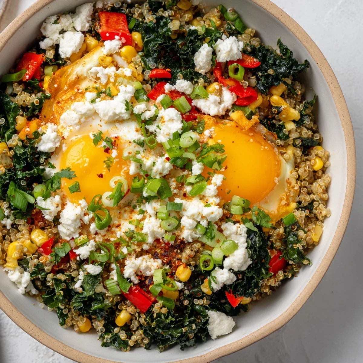 Wholesome quinoa breakfast featuring colorful vegetables, crumbled cheese, and hot sauce drizzle