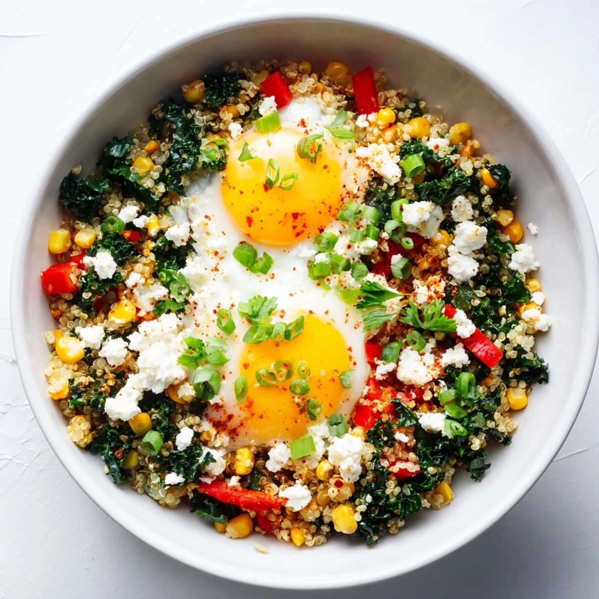 Savory kale and sweet corn quinoa bowl garnished with feta and fresh parsley