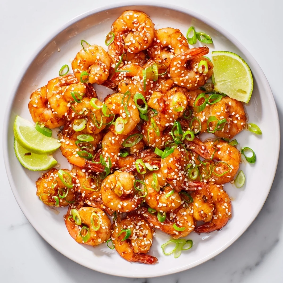 Golden honey garlic glazed shrimp skillet featuring glossy caramelized sauce and fresh green onion garnish