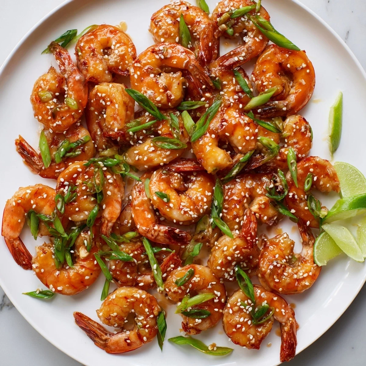 Succulent honey garlic glazed shrimp sizzling in skillet with sticky savory coating and sesame seeds