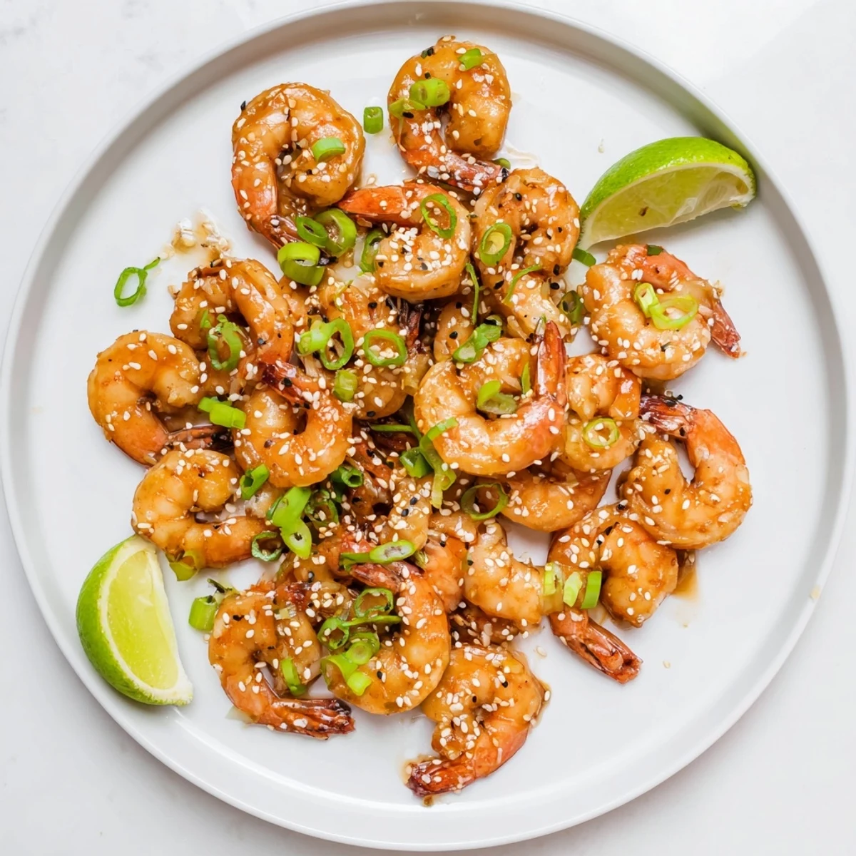 Easy honey garlic glazed shrimp skillet served piping hot over steaming white rice with lime wedges