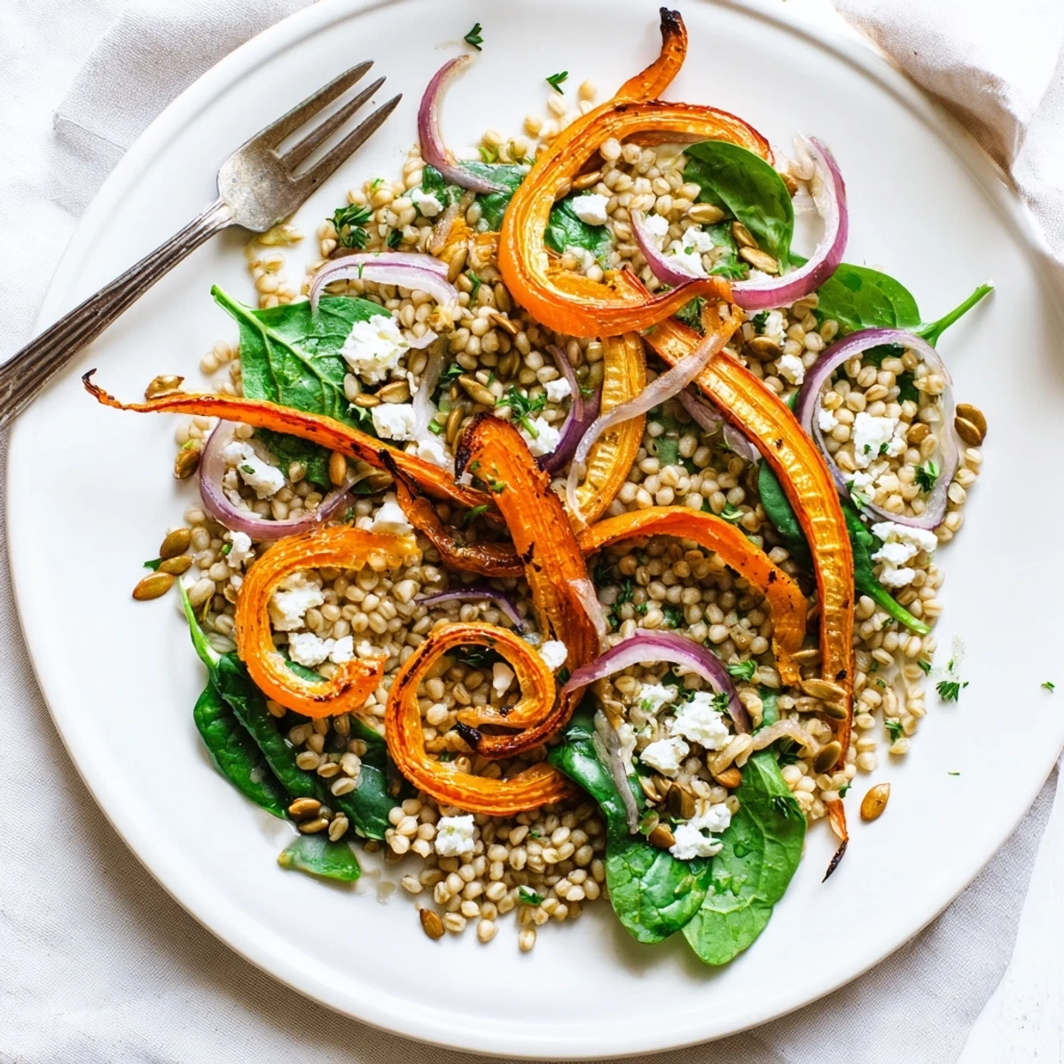 Colorful bowl of warm barley and roasted carrot ribbon salad with fresh baby spinach and vibrant lemon-herb dressing