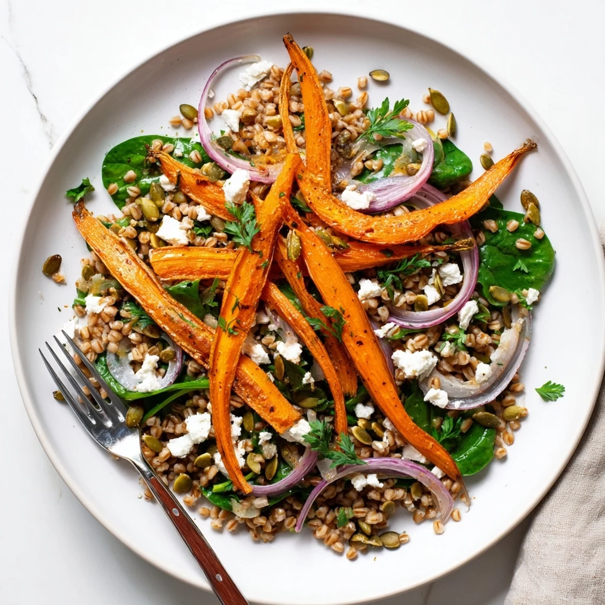 Hearty grain salad featuring tender barley, sweet caramelized carrot ribbons, crumbled feta cheese, and toasted pumpkin seeds
