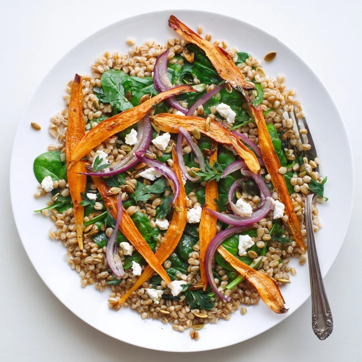 Nourishing warm barley salad tossed with roasted carrot ribbons, red onion, baby spinach, and zesty lemon dressing