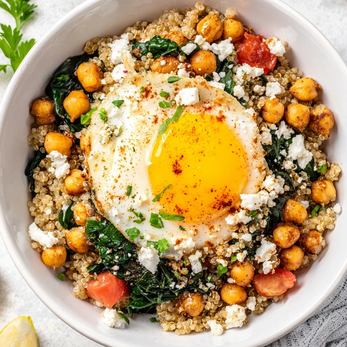Golden fried egg resting atop fluffy quinoa with sautéed spinach and crispy spiced chickpeas