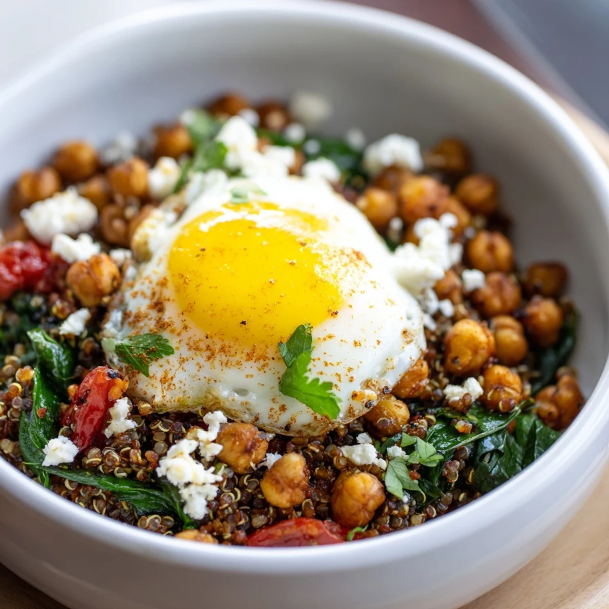 Hearty breakfast bowl featuring quinoa, wilted spinach, seasoned chickpeas, and a perfectly cooked egg