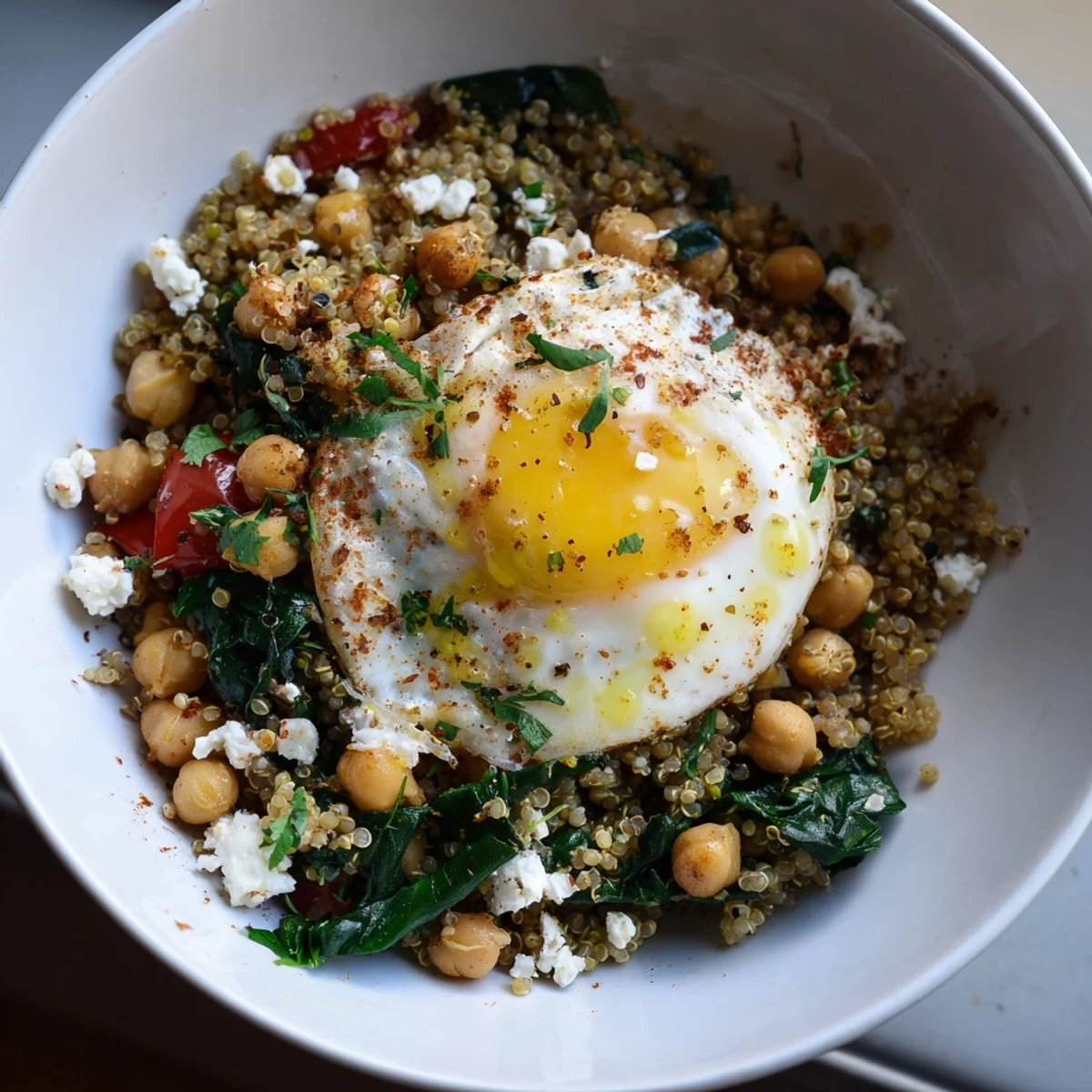 Colorful spinach and chickpea quinoa breakfast bowl topped with runny egg and fresh herbs