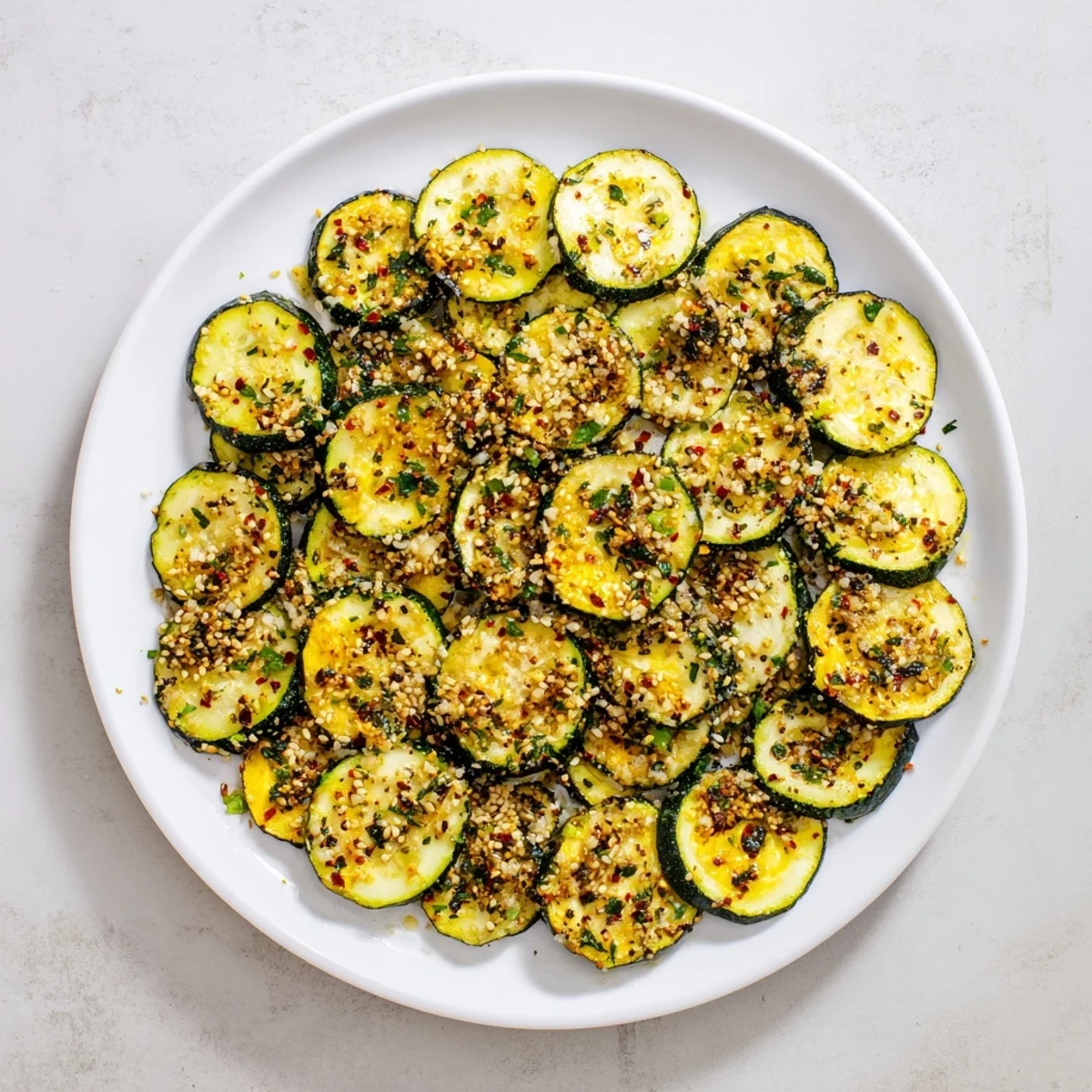 Golden roasted zucchini rounds topped with bright lemon sesame crunch and fresh parsley