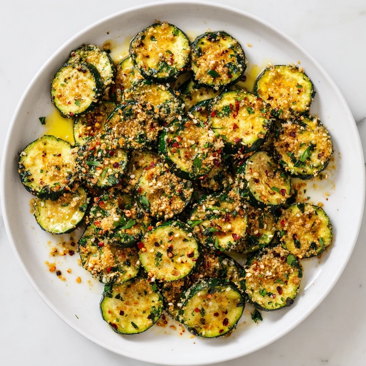 Tender Mediterranean-style zucchini with crispy toasted sesame seeds and zesty lemon garnish