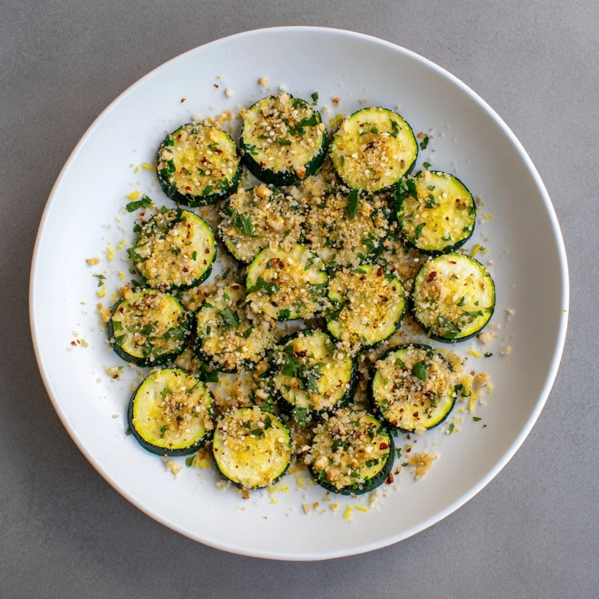 Oven-roasted zucchini platter sprinkled with aromatic lemon garlic sesame seed topping