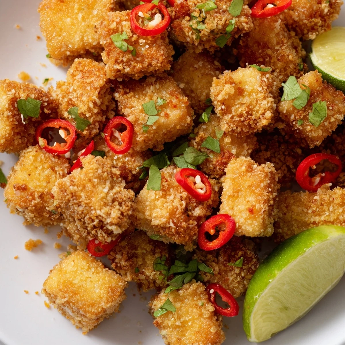 Crispy fried tofu pieces coated in panko breadcrumbs with spicy lime glaze and lime wedge garnish