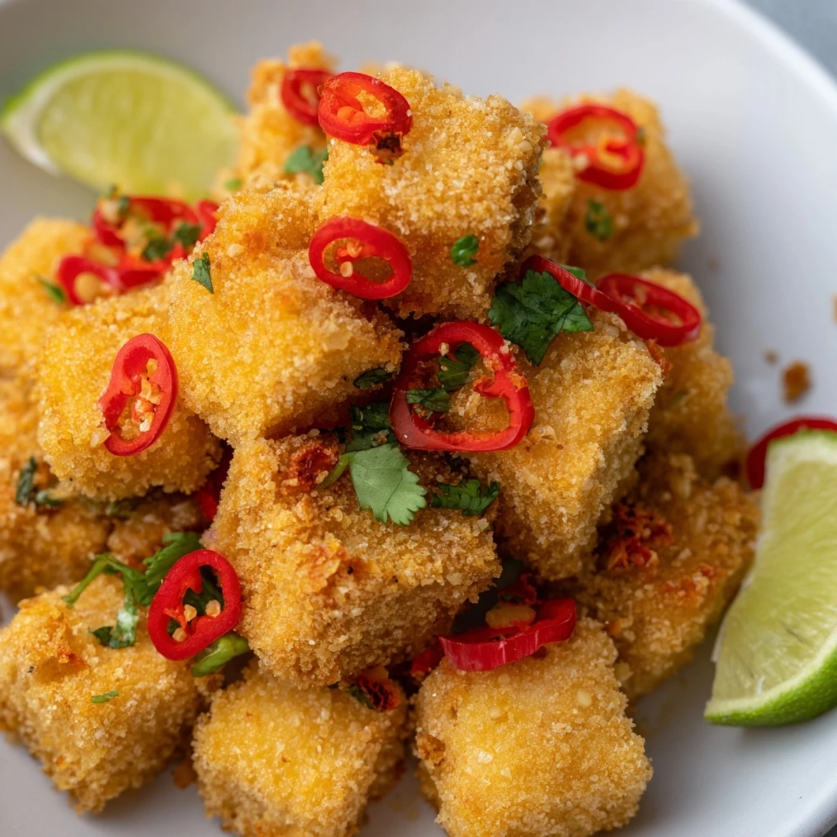 Golden brown crispy chili lime tofu cubes garnished with fresh cilantro and red chili slices on a white plate